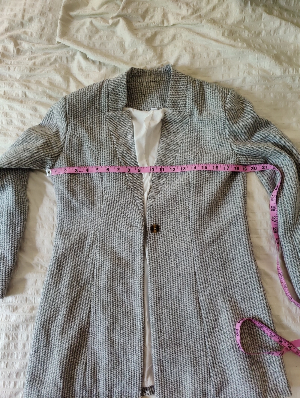 Grey Ribbed Single-Button Long Blazer Coat - Picture 7 of 12